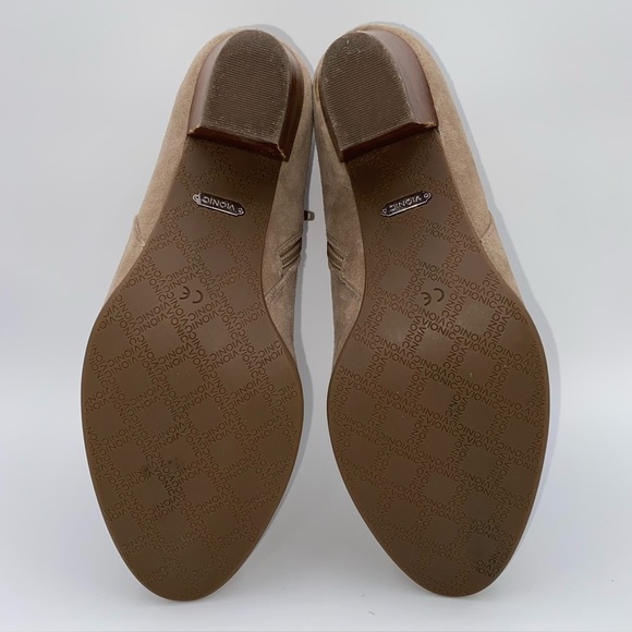 Vionic Upton Tan Suede Zip Ankle Boots Sz 8.5 Snakeskin Buckle Strap 3” Heel - Picture 7 of 11